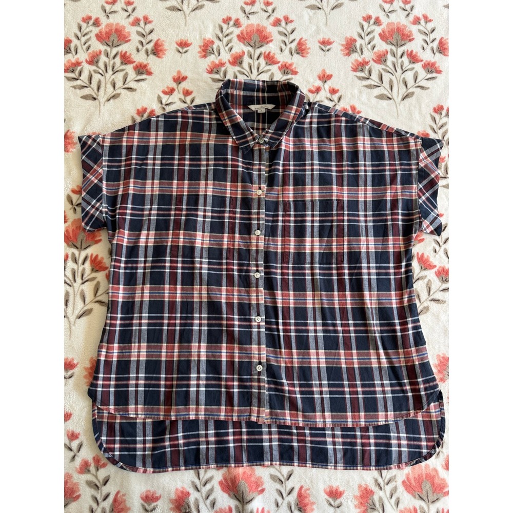 LL Bean Signature Womens Large Plaid Cotton Short Sleeve Button Down Shirt